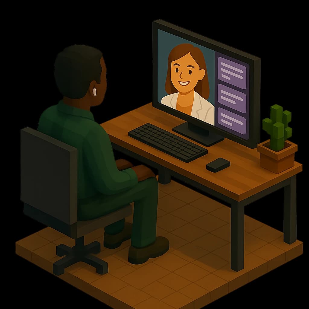 Isometric illustration of a person at a desk on a video call with a Silicon Society team member
